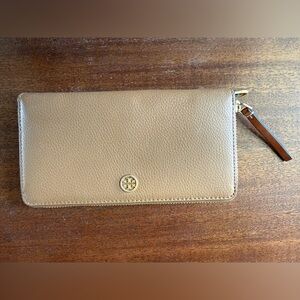 Tory Burch Beige Leather Clutch with Gold Accent